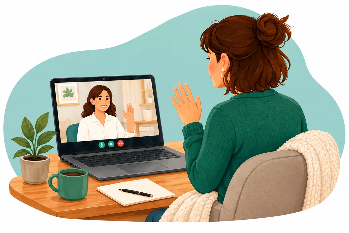 A client chatting with her therapist during a virtual therapy session at home