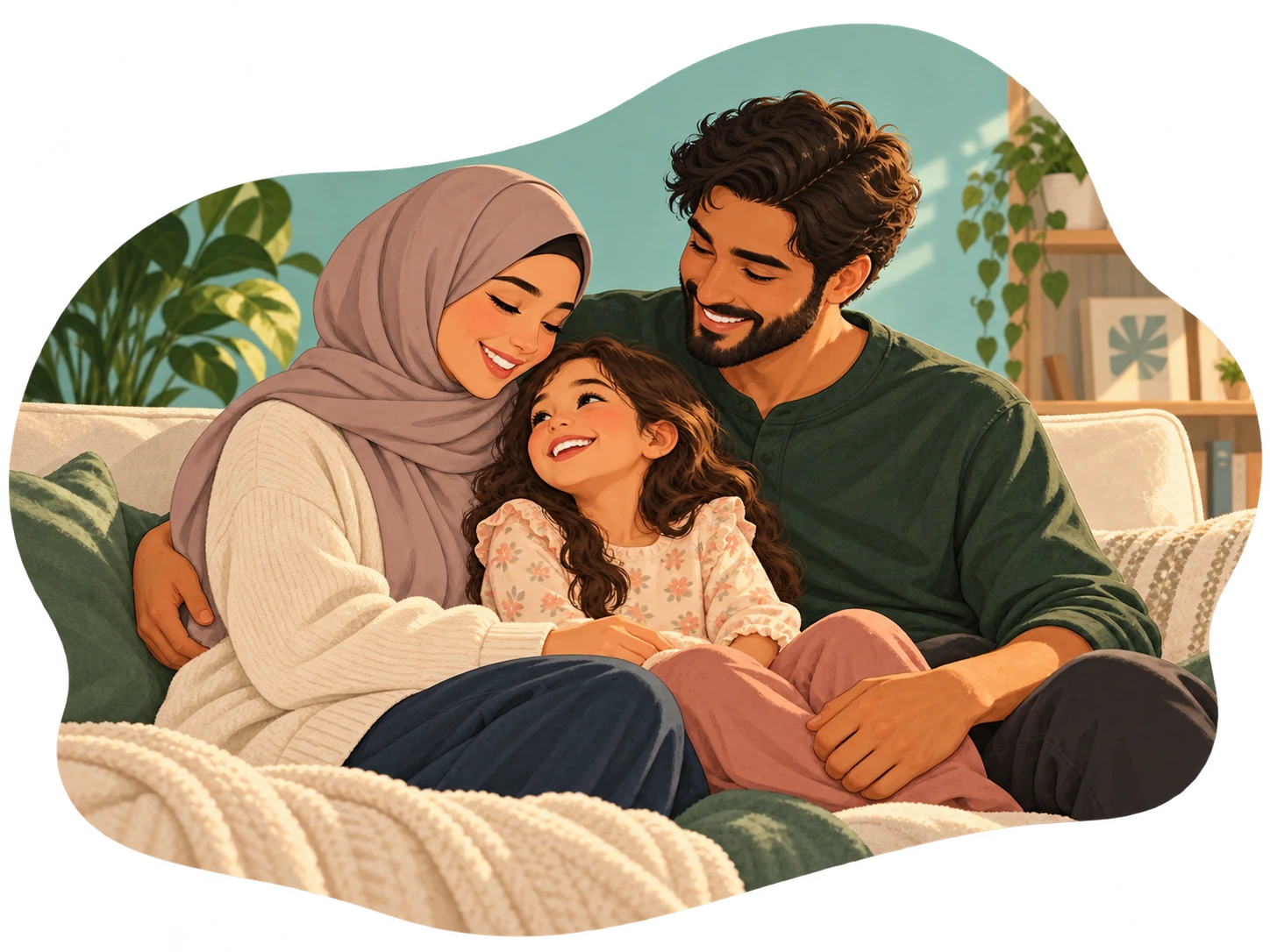 Family of three supporting one another on a cozy sofa