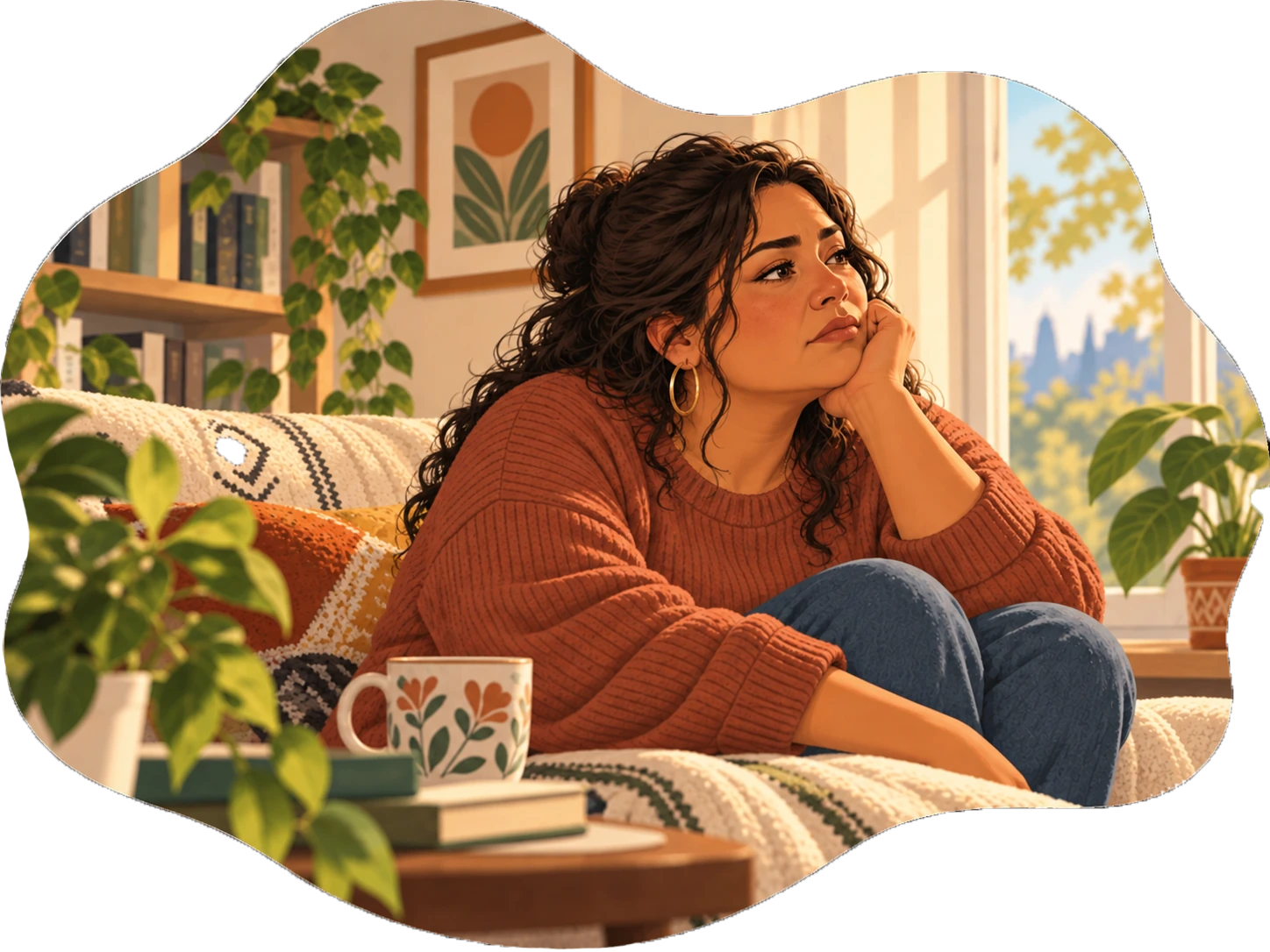 Thoughtful woman sitting on a sofa, looking out of a sunlit window