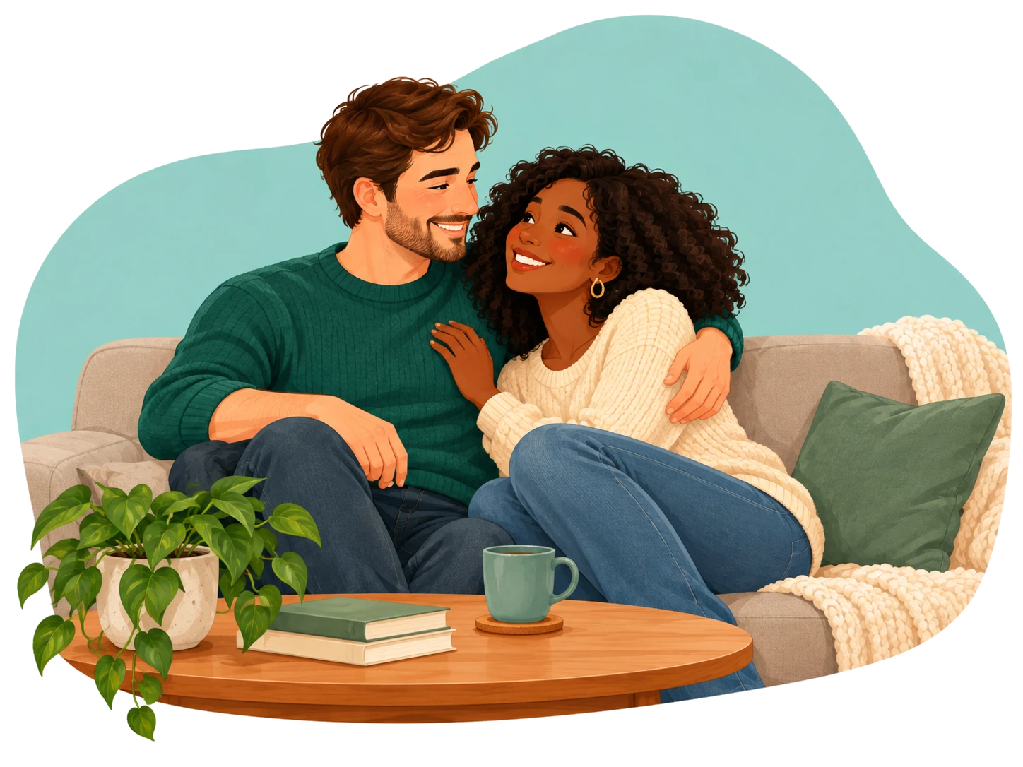 Happy interracial couple sitting close together at home